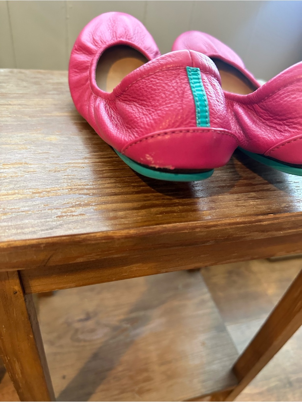 Tieks Fuchsia Leather Ballet Flats with Teal Heel Tab - Picture 3 of 5